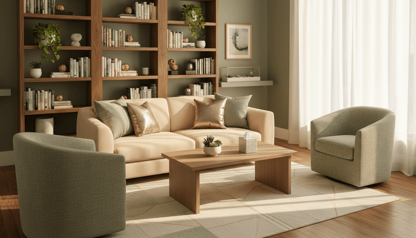 Welcoming counseling office with sage green walls and plants — the Volare counseling space