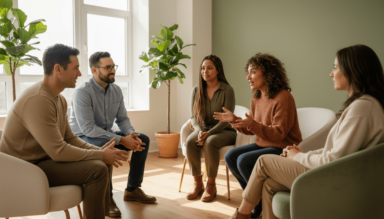 Diverse group therapy session in a warm, welcoming room with plants