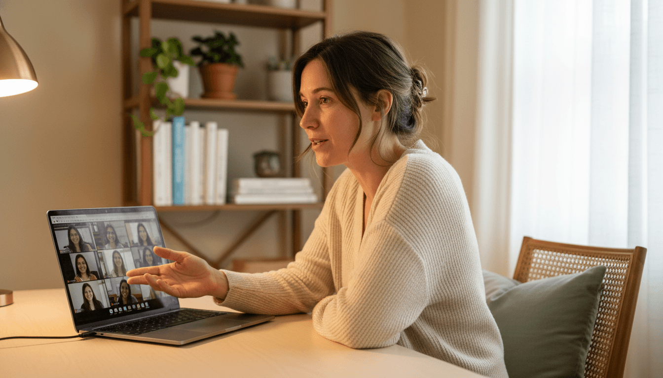 Woman presenting a webinar from her home office