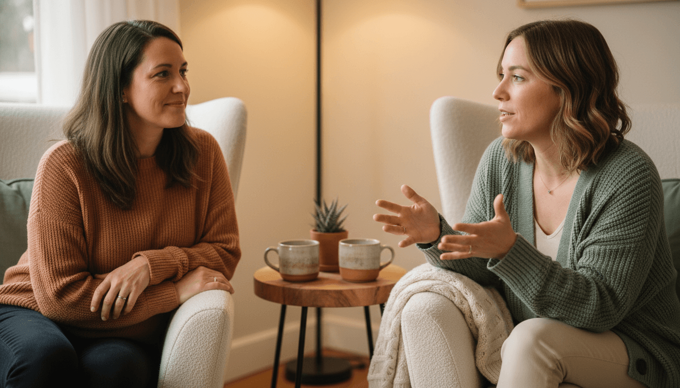 Two women in a warm, supportive one-on-one coaching conversation