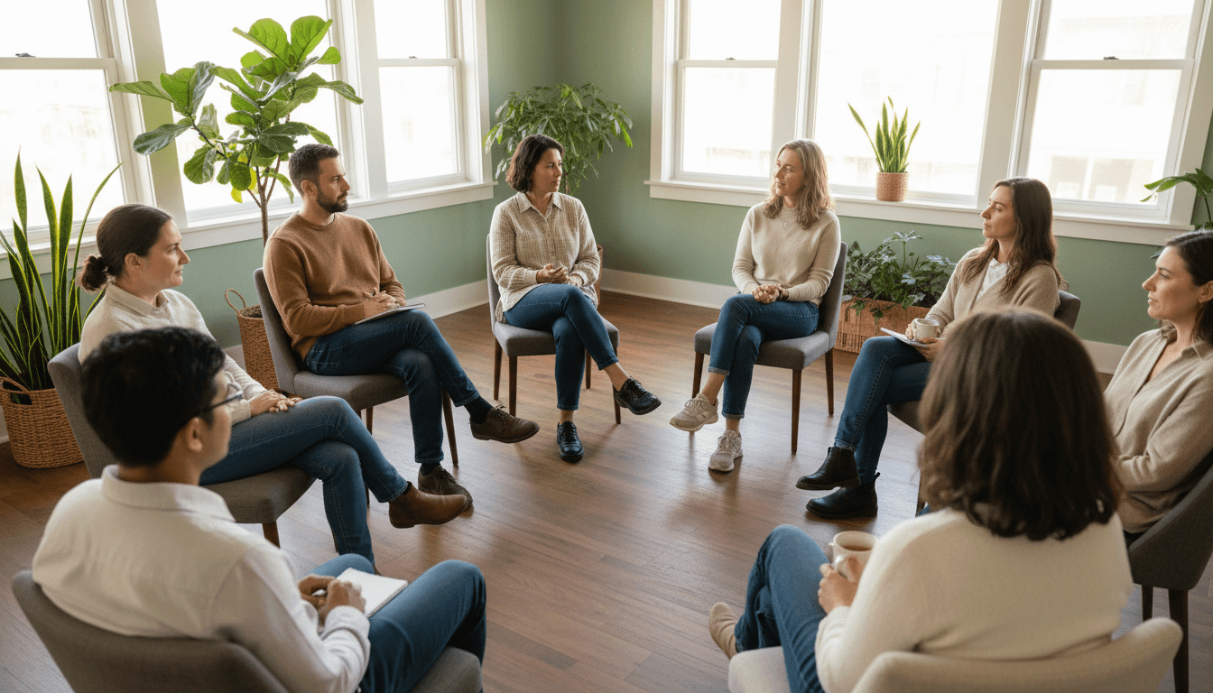 A full counseling circle with diverse participants engaged in group healing