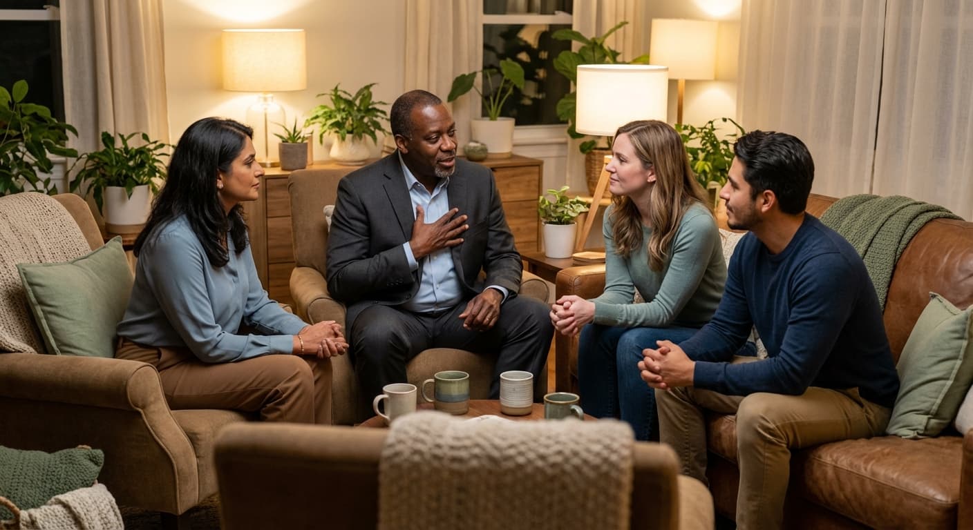 Diverse support circle in a cozy room — the power of healing in community