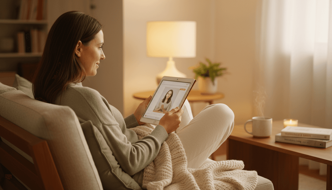 Person watching wellness content on a tablet in a cozy setting